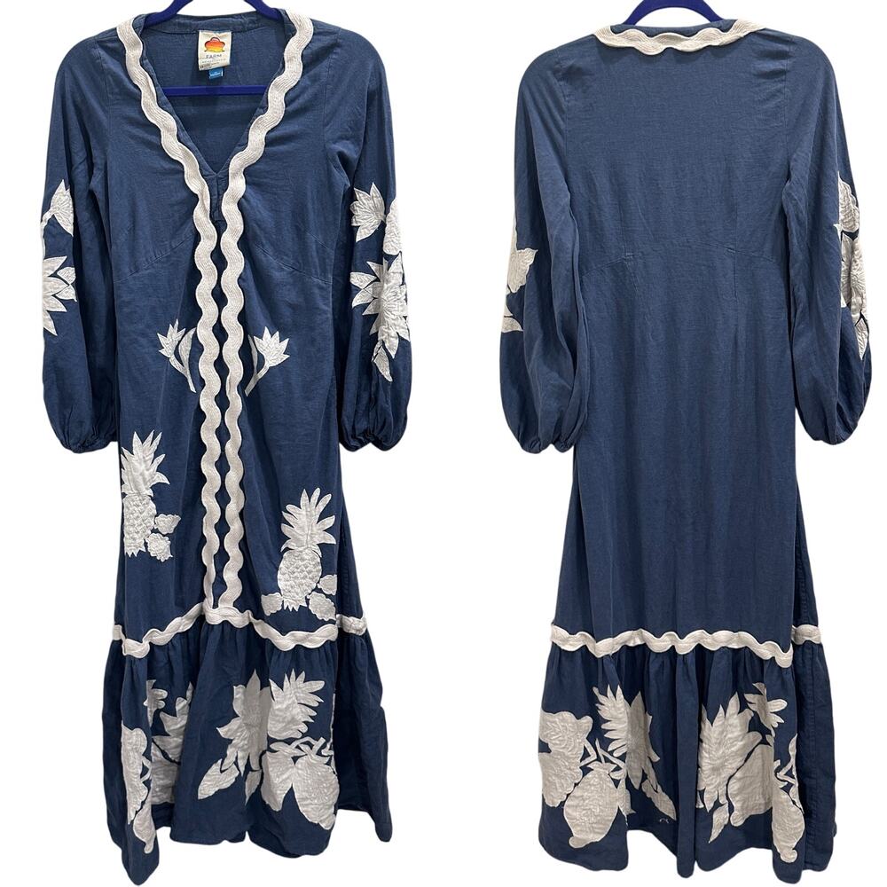 Farm Rio Anthropologie Blue White Embroidered Maxi Dress Linen Boho Resort Beach